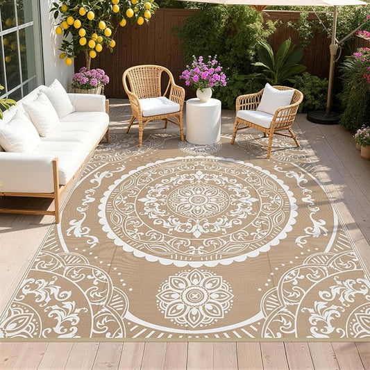 Pauwer Waterproof Outdoor Rug 8x10, Reversible Plastic Straw Patio Camping Rug, Indoor Outdoor RV Mat Carpet for Deck, Camper, Porch, Balcony, Backyard, Picnic, Paisley Brown