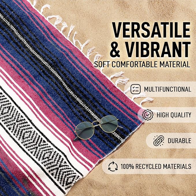 Hydration Nation Authentic Extra Large Mexican Blanket (70"x50") - Handwoven Yoga, Serape- Artisanal Falsa, Beach, Camping, Picnic, Outdoor - Twilight