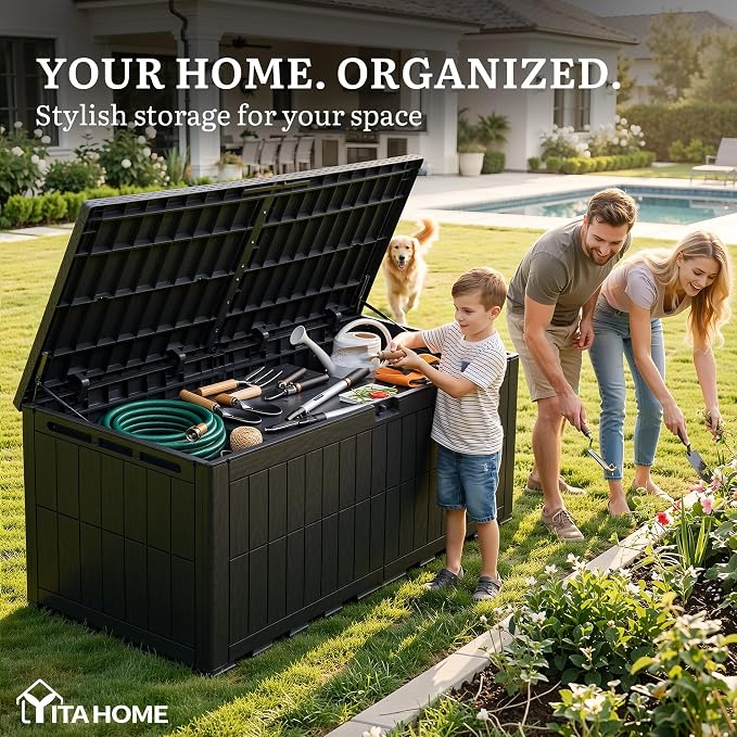 YITAHOME 240 Gallon Large Outdoor Storage Box XXL Resin Deck Box with Lock | Extra-Large Waterproof Patio Furniture Bin and 3-Person Bench Seating for Garden Tools & Pool Accessories, Black