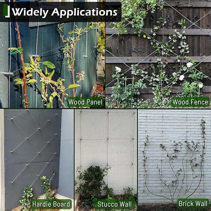Wire Trellis for Climbing Plants Outdoor, 30-Set Wall Wire Trellis Kit with 1/8in x 150ft Stainless Steel Cable & Cutter, T316 Cylindrical Espalier System for Fence and Garden DIY Projects