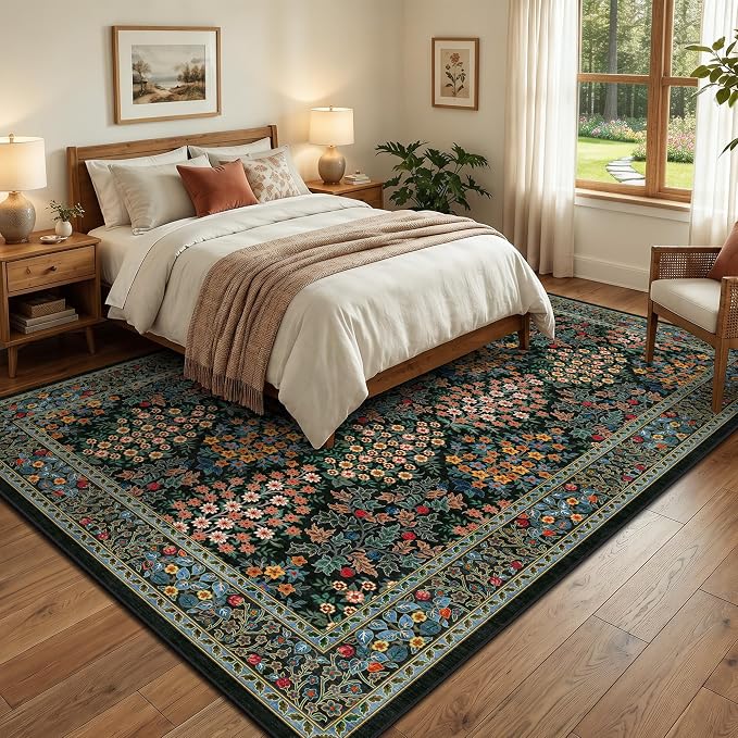 6x9 Area Rugs, Washable Floral Area Rugs for Living Room, Indoor Area Rug for Bedroom, Dining Room, Low Pile Non-Slip Non Shedding Rug(Black Floral)