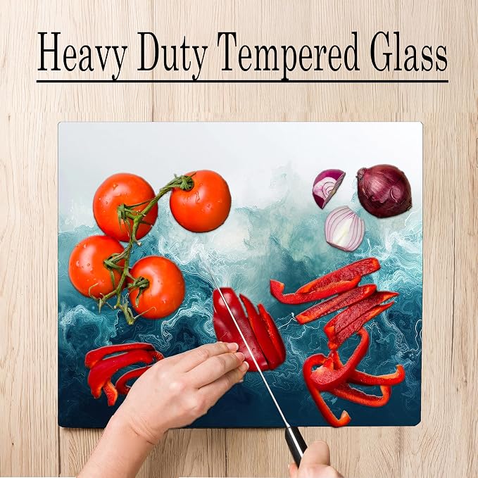 Dark Blue Marble Kitchen Glass Cutting Board Ocean Decorative Gift Marbled Granite Stone Rock Gift For Her Mom Wife (Deep Blue White Marble)