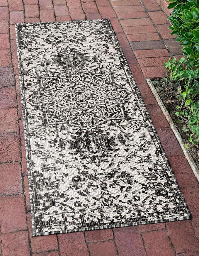 Unique Loom Outdoor Collection Area Rug - Dubai (2' x 8' Runner, Charcoal Gray/ Ivory)
