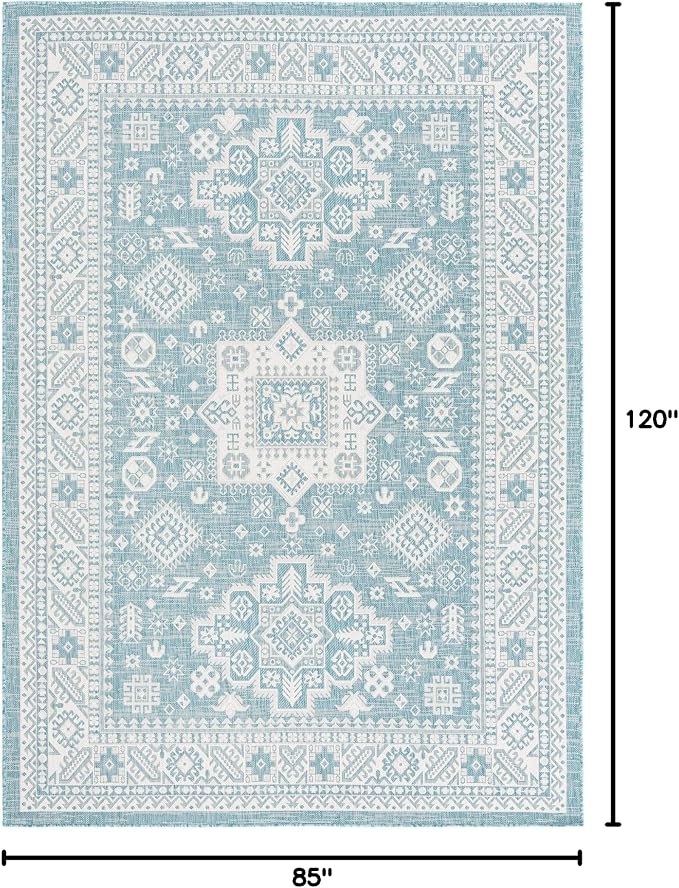 Unique Loom Outdoor Aztec Collection Area Rug - Chalca (7' 1" x 10' Rectangle, Aqua/ Ivory)