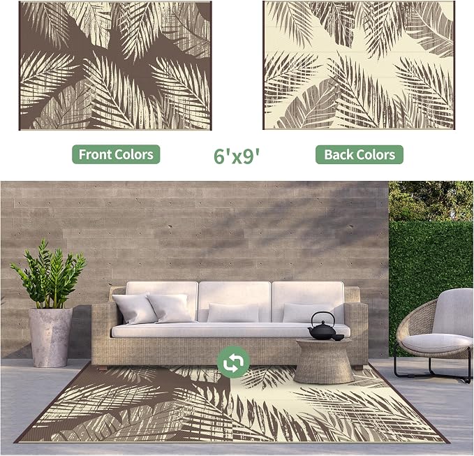 GENIMO Outdoor Rug 6' x 9' Waterproof for Patio Clearance, Reversible Plastic Straw Camping Mat, Lightweight Carpet for Rv, Camper, Deck, Porch, Picnic, Balcony, Beach, M.Mottled＆CoffeeBeige