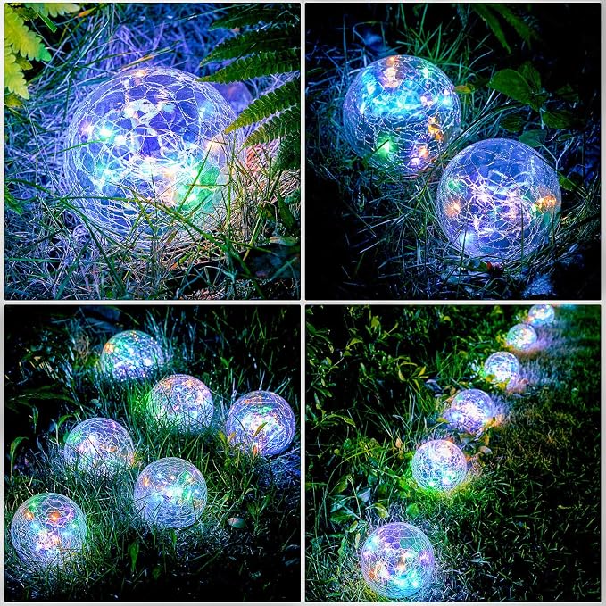 Honoson 4 Pcs Decorative Solar Globe Lights Outdoor Waterproof, 3.9 Inch | LED Cracked Glass Solar Garden Orbs and Ball Lights for Pathway, Walkway, Lawn, Patio, Yard and Backyard Decorations