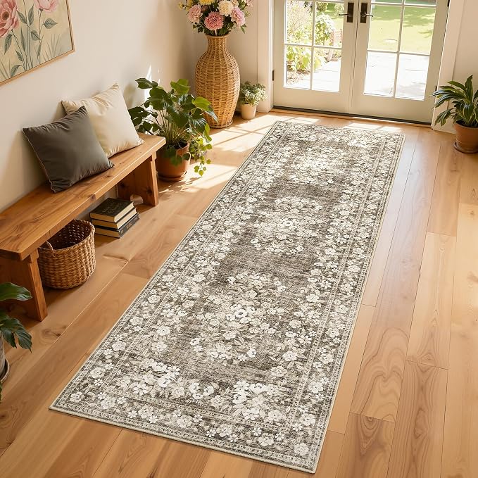 GarveeHome Floral Runner Rug 2x6 for Bedroom Vintage Throw Floor Cover | Washable Boho Flower Bordered Rugs Non-Slip Low Pile Botanical Hallway Accent Mats Floral Rug for Kitchen Entryway Brown