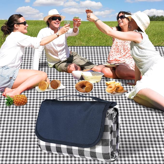 Extra Large Picnic Blanket,78” × 78” Large Camping Blanket,with Handle,Waterproof and sandproof Bottom,Machine Washable,Outdoor Foldable Hiking Blanket，Portable and Easy to Clean (Blue Grid)