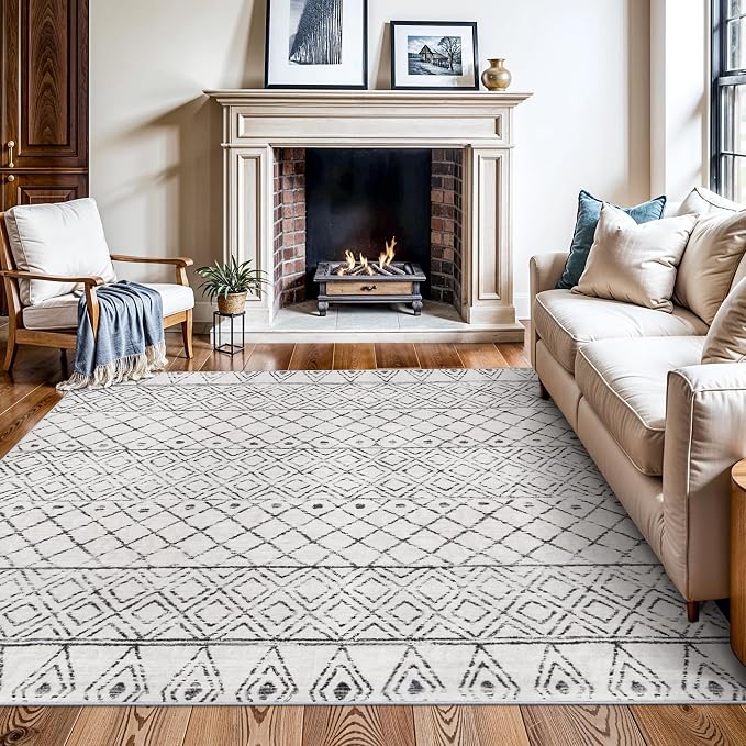 Square 6x6 Moroccan Area Rug:Machine Washable Non Slip Rug Geometric Grey | Low Pile Boho Floor Mat for Living Room Bedroom Game Room - Soft Non-Shedding Rugs for Home Office Decor