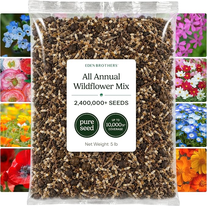 Eden Brothers All Annual Wildflower Mixed Seeds for Planting, 5 lb, 2,400,000+ Seeds with Sunflower, Indian Blanket, Scarlet Flax | Attracts Pollinators, Plant in Spring, Zones 3, 4, 5, 6, 7, 8, 9, 10