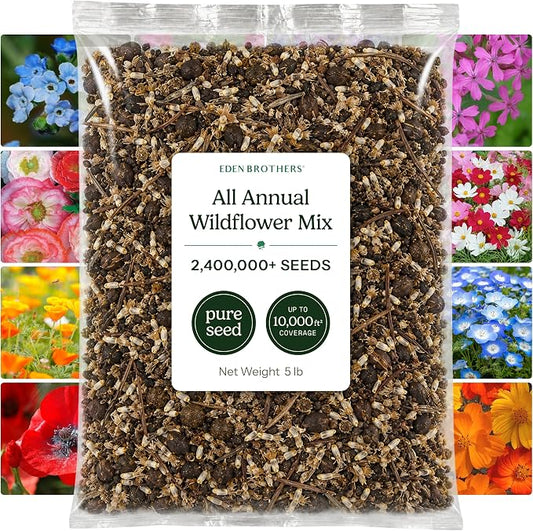 Eden Brothers All Annual Wildflower Mixed Seeds for Planting, 5 lb, 2,400,000+ Seeds with Sunflower, Indian Blanket, Scarlet Flax | Attracts Pollinators, Plant in Spring, Zones 3, 4, 5, 6, 7, 8, 9, 10