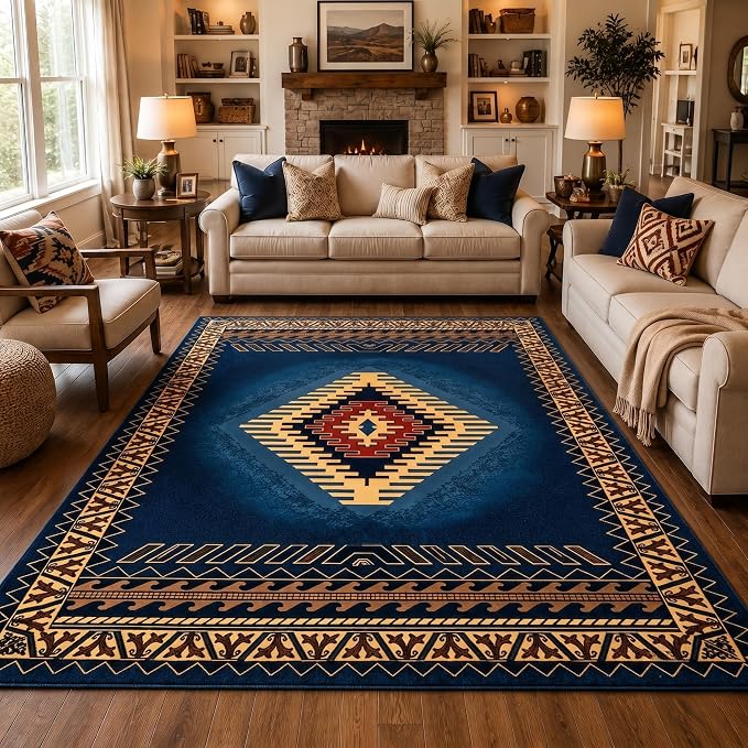Southwestern Rug, 3x5 ft Geometric Medallion Design | Washable, Non-Slip, Low Pile, Living Room, Bedroom, Dining Room, Cabin Lodge and Farmhouse Decor