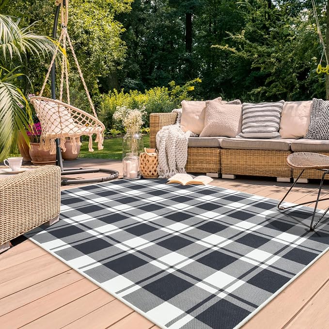 Checkered 4x6 Area Rugs, Jute Rug for Indoor Outdoor, Black/White | Washable Jute Area Rug With Non-Slip Backing, Low-Pile Texture, Farmhouse Geometric Pattern In Neutral White/Black, Durable