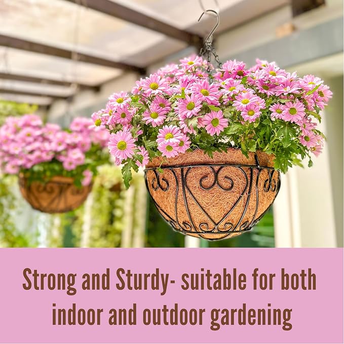 LaLaGreen Hanging Baskets for Plant Outdoor (20 Inch, 2 Pack) Large Black Metal Wire Round Flower Pot Hanging Planter with Coco Liner Holder Hanger Easy Install Modern Garden Balcony Country Decor