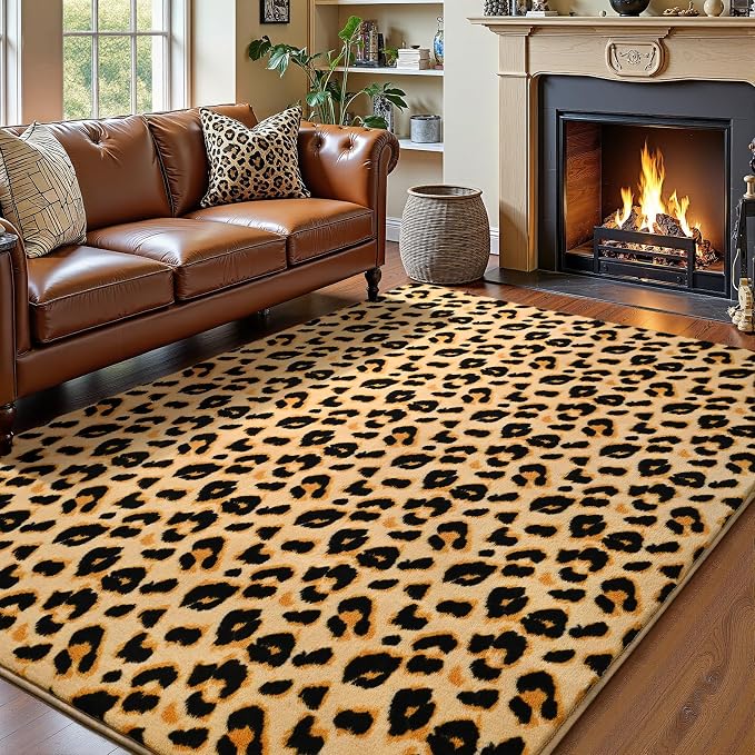 Amearea Soft Leopard Rugs for Bedroom Living Room, 4x6 Cheetah Print Rug | Fluffy Indoor Thickened Memory Foam Rug, Washable Animal Rug Carpet for Kids Boys Girls Dorm Nursery Room Home Decor, Khaki