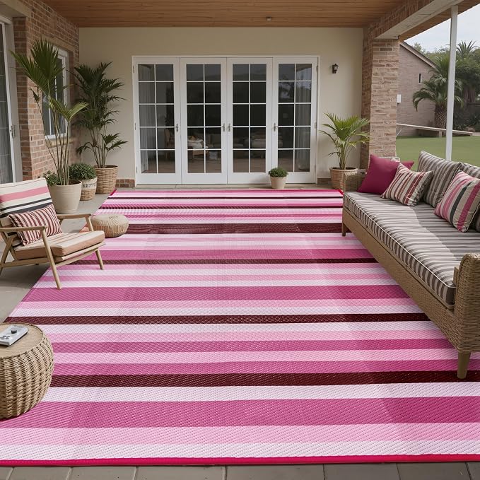 HUGEAR Outdoor Waterproof Rug 6'x9' Plastic Straw Rugs Washable Reversible Floor Mat Pink Stripe Carpet for Camping RV Deck Entryance Porch Picnic Balcony Beach Backyard