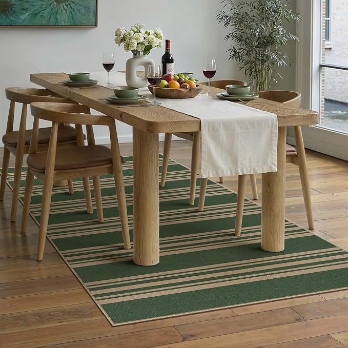 PureCozy Striped Easy Jute Rug 3x5 Green Entryway Carpet Washable Non Slip Office Door Mat Farmhouse Neutral Non Shedding Small Indoor Outdoor Rug for Bathroom Kitchen Bedroom Living Room