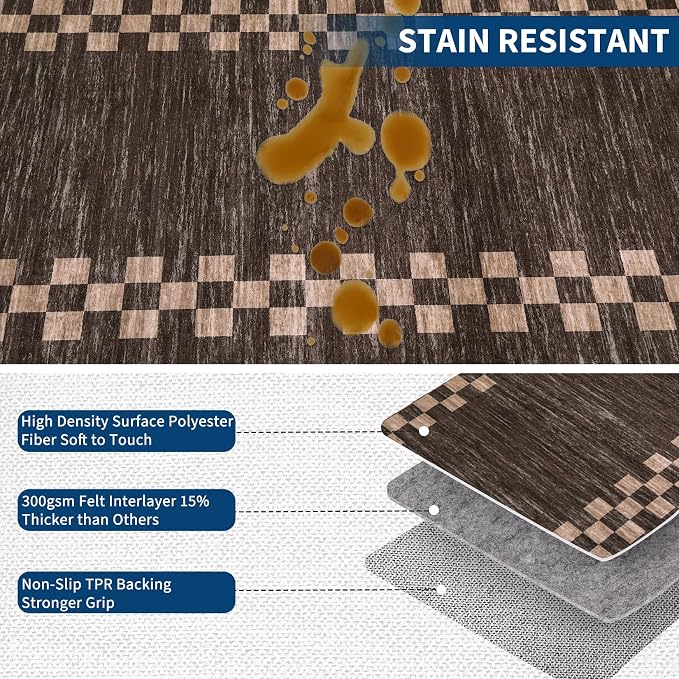 GarveeHome 10x13 Area Rug Large Living Room Washable Scalloped Rug | Non Slip Low Pile Bedroom Throw Carpet Modern Bordered Dining Room Stain Resistant Neutral Carpet for Home Office, Brown