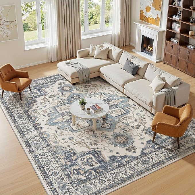 Vintage Washable 6x9 Area Rug for Living Room, Vintage Blue | Soft Low Pile Rug with Non-Slip Backing, Stain Resistant for Bedroom or Dining Room, Kid & Pet Friendly
