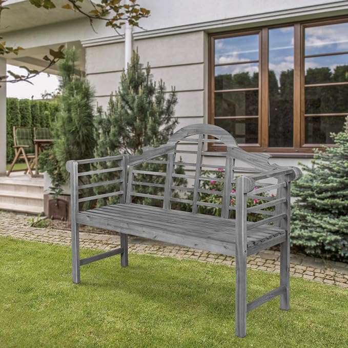 JONATHAN Y Lutyens 51" Acacia Wood Outdoor Bench, 2-Person Garden Bench with Arched Slatted Back and Armrests for Patio, Porch, Backyard, 600 lbs Capacity, Gray Finish BNH103B