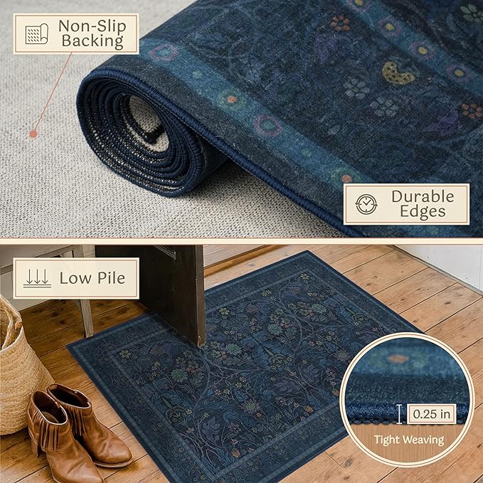 Boho Blue 2x5 Washable Laundry Entryway Mats for Floor - Small Kitchen Rug Runner Non Slip, Dark Blue Stain Resistant Area Rugs for Bedside, Bathroom, Hallway