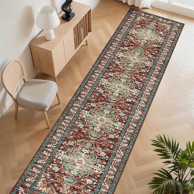 U'Artlines 3' x 20' Boho Hallway Runner Rug, Washable Carpet, Rust＆Teal | Non Slip, Vintage Farmhouse Accent Area Rug Carpet, for Bedroom, Dining Room, Laundry and Living Room