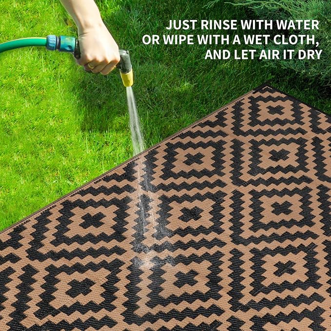 Outdoor Patio Plastic Straw Rug - 9x18 ft Outdoor Camping Rug Waterproof Reversible, Area Carpet Patios RV, Outside Porch Balcony Deck for Camper, Black & Brown