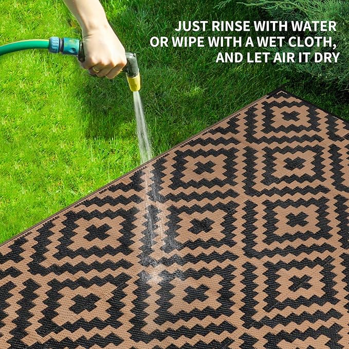 Outdoor Patio Plastic Straw Rug - 5x8 ft Outdoor Camping Rug Waterproof Reversible, Area Carpet Patios RV, Outside Porch Balcony Deck for Camper, Black & Brown