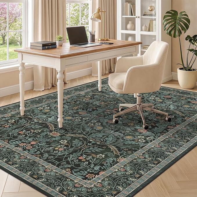 Dusty Teal Area Rug for Living Room, Floral Washable Rugs 5x7 for Bedroom, Dining Room, Classroom, Moody Home Office Décor, Low Pile Non Slip Mat Indoor, Forest Botanical Pattern Carpet(Dark Green)