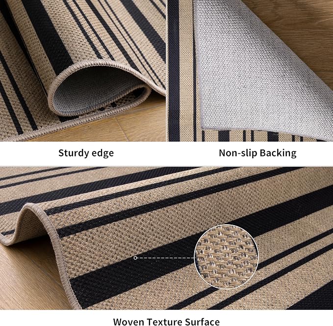 Tangsoo Easy Jute 8x10 Rug for Living Room,Washable Non-Slip Outdoor Carpet | Modern Large Striped Thin Carpet,Farmhouse Low Pile Office Mat for Backyard Dining Room Patio Sunroom Home Decor
