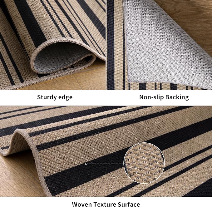 Tangsoo Stripe Easy Jute 2.6x8 Washable Runner Rug for Hallway,Non-Slip Rug | Modern Brown Stripe Thin Outdoor Rug, Farmhouse Long Carpet Runner for Porch Laundry Bedroom Living Room Entryway