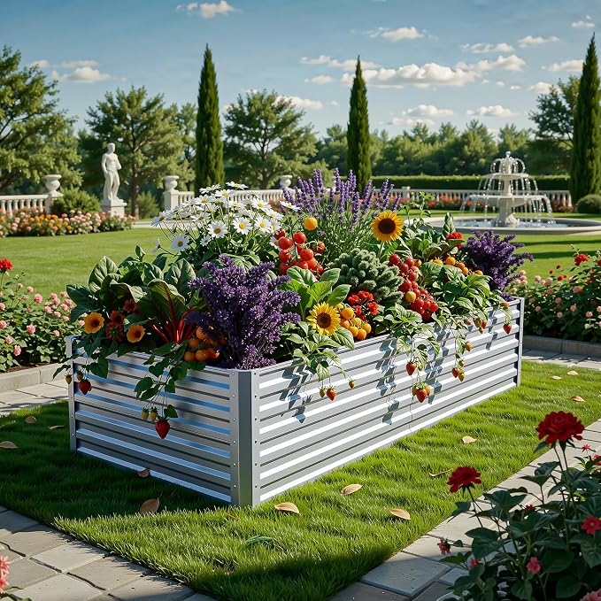 YITAHOME 2pcs 6x3x2ft Large Raised Garden Bed Kit, Galvanized Metal Planter Box with Gloves, Ground Nails, Support Rod, Outdoor Above Ground Planters for Plants Vegetables Flowers, Silver