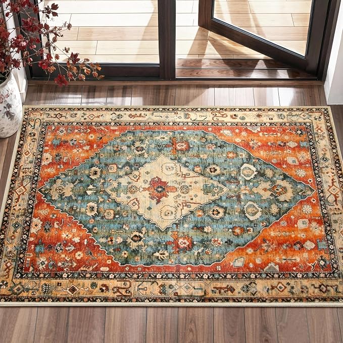 SERISSA 2x3 Washable Non Slip Boho Small Area Rug for Entryway | Ultra Soft Vintage Oriental Carpet Low-Pile Tribal Indoor Mat for Bedroom Kitchen Bathroom Entrance Floor