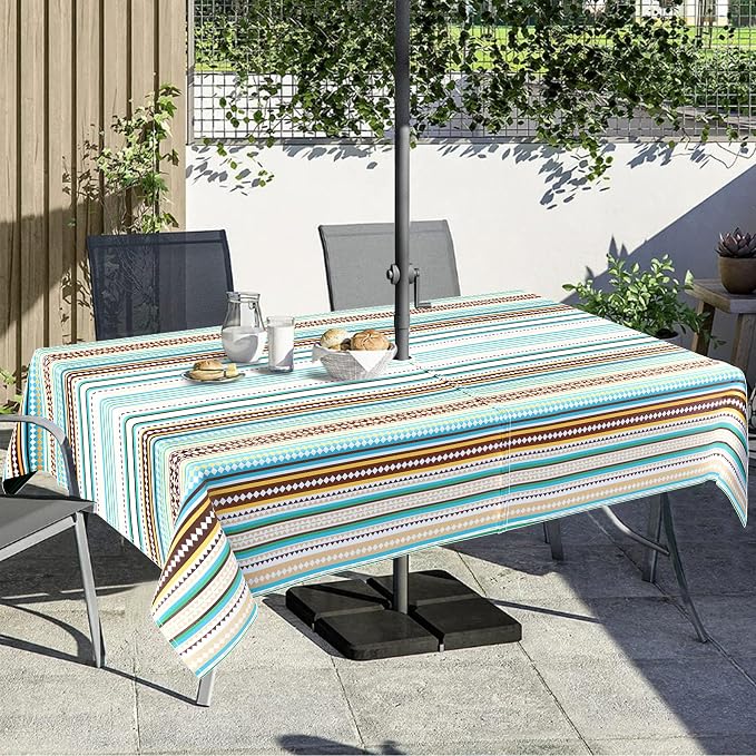 Outdoor Tablecloth with Umbrella Hole and Zipper, Rectangle Patio Table Covers for Spring/Summer, Machine Washable Outdoor Picnic Table Cloth (Stripes, 60" × 84" Rectangular)