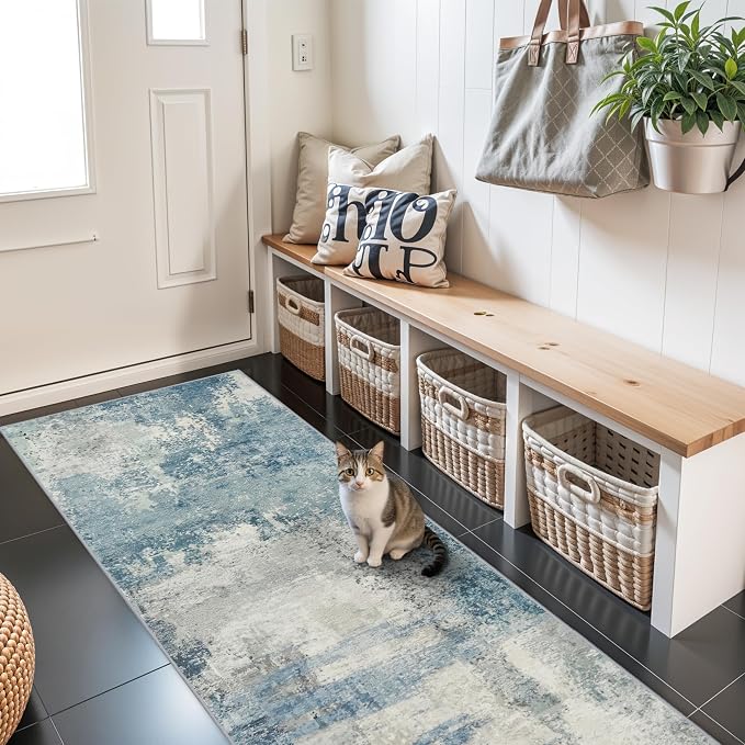 2x6 Abstract Kitchen Rug Runners: Washable Hallway Non Slip Runner Blue | Carpet Low Pile Soft Indoor Floor Mat Front Door for Bedroom Entryway Laundry