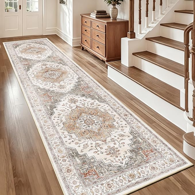 3x12 Vintage Runner Rug Low Pile Non-Slip Washable Kitchen Rug | Retro Distressed Print Rug Orange Gray Carpet Stain Resistant Non-Shedding Long Rug for Hallway Kitchen Bedroom Laundry Room