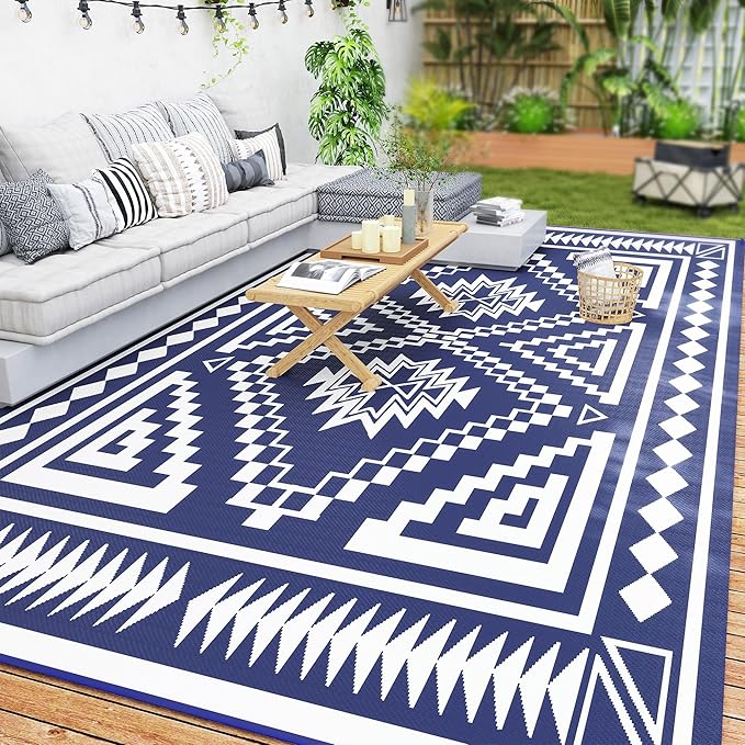 Outsunny Outdoor Rug for Patio, 9' x 18' Waterproof Large Mat, Reversible Plastic Straw Rug for Decor, Portable Outside RV Camping Area Carpet Mat for Backyard Porch Deck Picnic, Blue & White Square