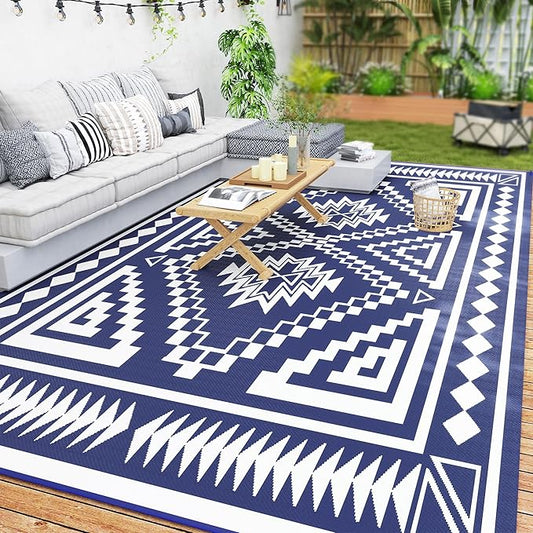 Outsunny Outdoor Rug for Patio, 9' x 18' Waterproof Large Mat, Reversible Plastic Straw Rug for Decor, Portable Outside RV Camping Area Carpet Mat for Backyard Porch Deck Picnic, Blue & White Square