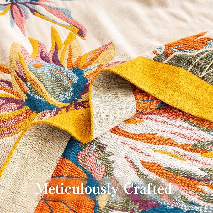 Phuryllic Boho Throw Blanket Queen Size, Oversized Soft Cozy Cotton Muslin Quilt Blanket for Bed Decor, Floral Patterned Couch Sofa Chair Cover, Vintage Farmhouse Cottage Woven Blanket, Yellow&Blue
