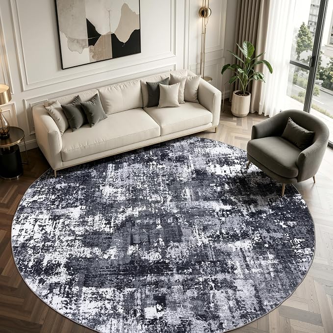 Sasttie 8ft Round Rug, Modern Abstract Large Circle Carpet, Black & White | Machine Washable, Ultra-Soft Faux Wool, Low Pile, Non-Slip, Lightweight, Thin, for Living Room, Bedroom, Dinning Room & Dorm