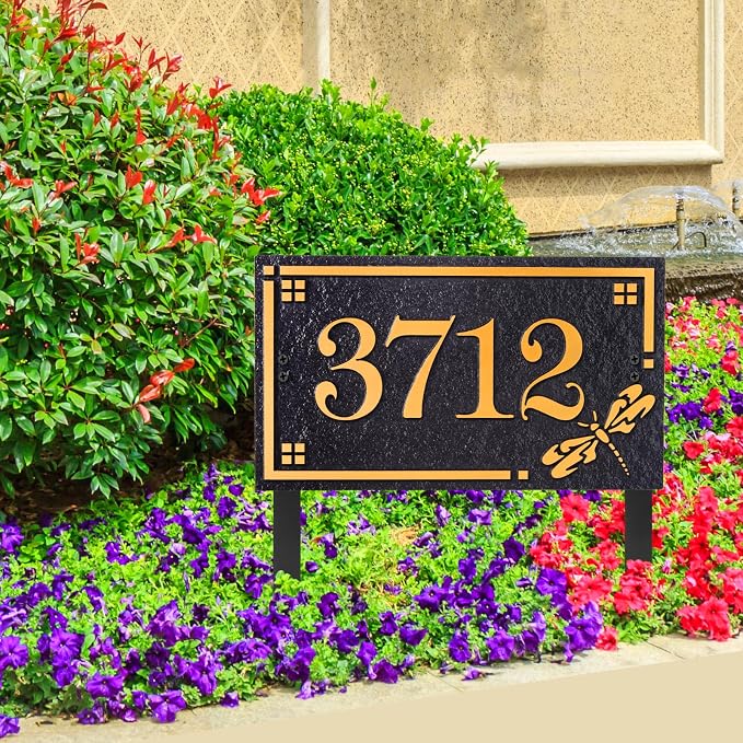 House Address Sign Address Plaque for Outside Custom Street Name Address Sign House Number with Lawn Stake (Black/Gold)