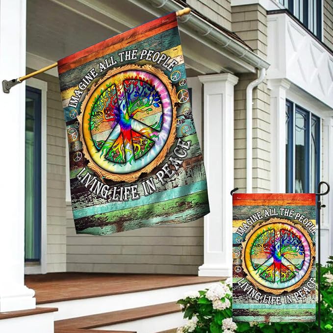 American Flag-Peace Sign Hippie Imagine All The People Living Life In Peace TPT597F, Garden Flag 11.5" x 17.5"-USA Premium Polyester-Decorative Indoor Outdoor Flags