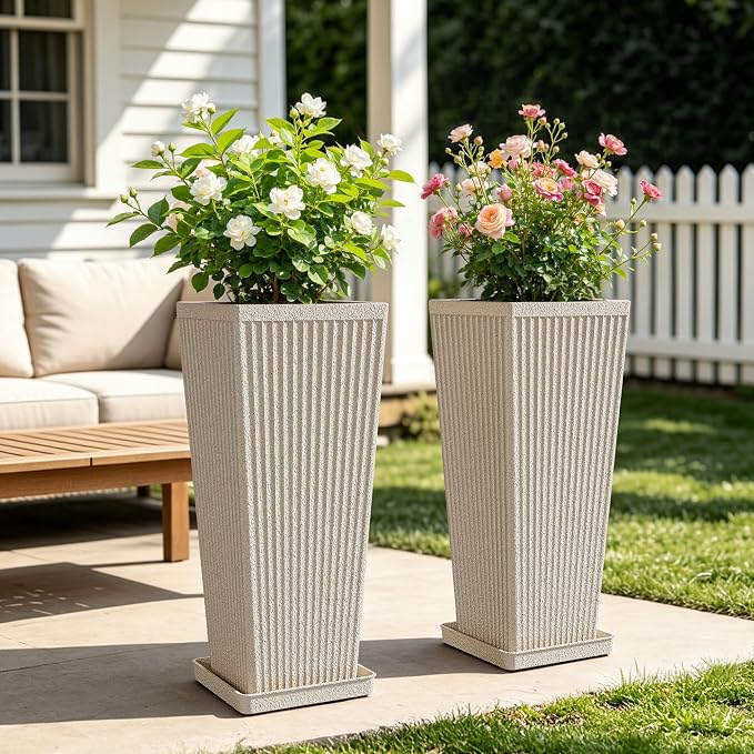 Front Porch Planters Outdoor Set of 2, 24" Tall Plastic Planters for Outdoor Plants with Drainage, Extra Large Outdoor Planter Pots, Tapered Tall Planters for Front Door & Indoor Plants, Beige