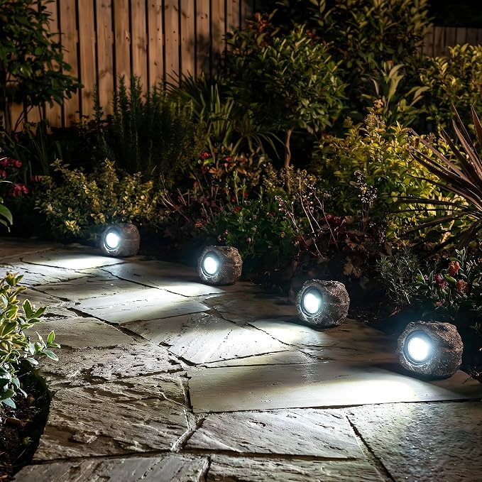 Solar Rock Lights Outdoor – 4 Pack Waterproof LED Landscape Garden Spotlights, Realistic Stone Design, Wireless Solar Powered Pathway Lights for Yard, Walkway, Patio & Lawn Decoration (Auto On/Off)