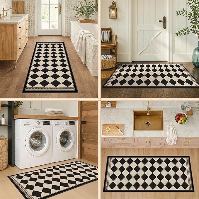 Black and White Checkered 2x5 Easy Jute Laundry Room Rug Runner, Laundry Floor Mat, Washable Non Slip Diamond Boho Carpet for Entryway, Bathroom, Kitchen, Checkerboard Modern Farmhouse Mat