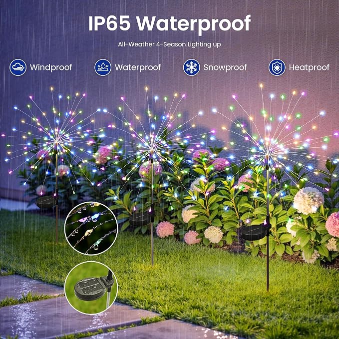 Solar Lights Outdoor, 120LED 4pack Fairy Garden Lights Decor for Outside Fireworks Lights Solar Powered for Yard, Patio, Pathway, Walkway, Balcony,Multicolor