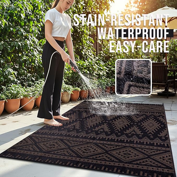OLANLY Outdoor Rug Waterproof 6x9 ft, Reversible Outdoor Plastic Straw Rug, Boho Patio Rug, Indoor Outdoor Carpet, RV Mat Outside for Patio, Camp, Picnic, Balcony, Deck, Backyard, Black & Brown