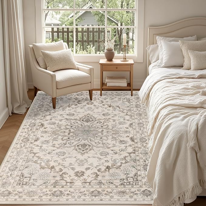 5x7 Area Rugs Living Room: Washable Rug for Bedroom Brown Beige | Boho No Slip Stain Resistant Rug Soft Indoor Decor Floor Floral 5x7 Area Rugs for Dining Room, Nursery, Hallway, Home Office