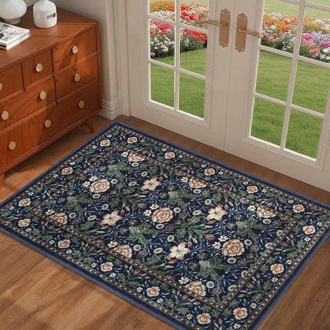 GarveeHome Small Navy Entryway Rug, 2x3 Washable Front Door Rug Indoor Entrance Floral Carpet Non-Slip Low Pile Throw Rugs for Kitchen Floor, Powder Room, Entry, Bathroom, Kids Room