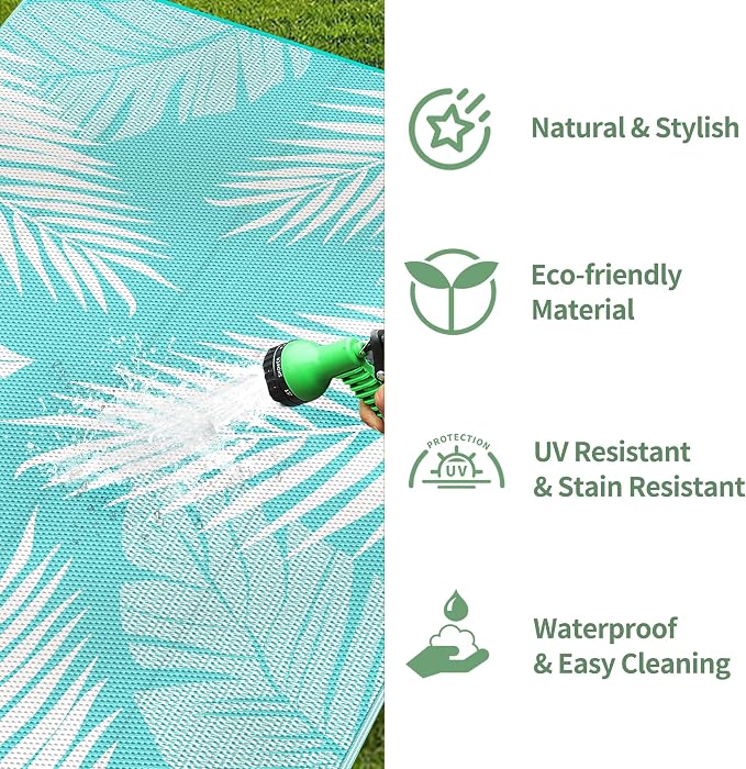 GENIMO Outdoor Rug 5' x 8' Waterproof for Patios Clearance, Reversible Outdoor Plastic Straw Camping Rug Carpet, Large Area Rugs Mats for RV, Picnic, Backyard, Deck, Balcony, Porch, Aqua Blue&White